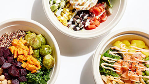 top view of three grain bowls