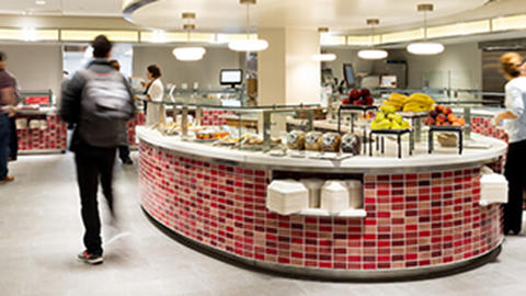 interior shot of cafe focusing on salad bar island