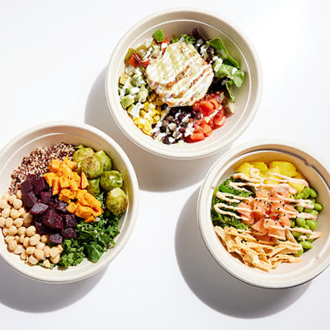 overhead view of three grain and salad bowls