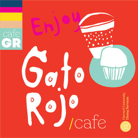 illustration of cafe name and muffin and coffee cup