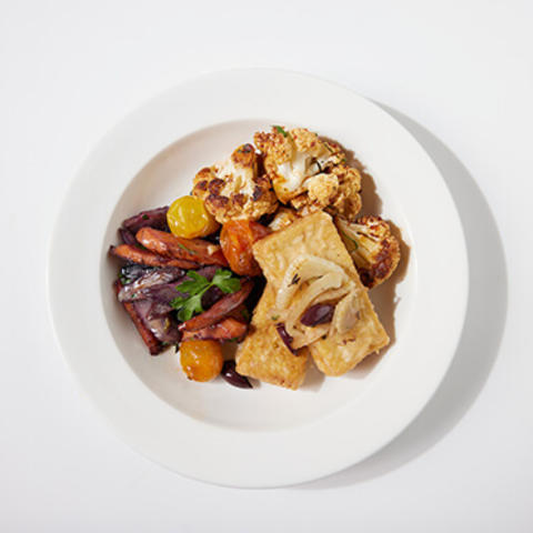 over shot of roasted vegetables and tofu