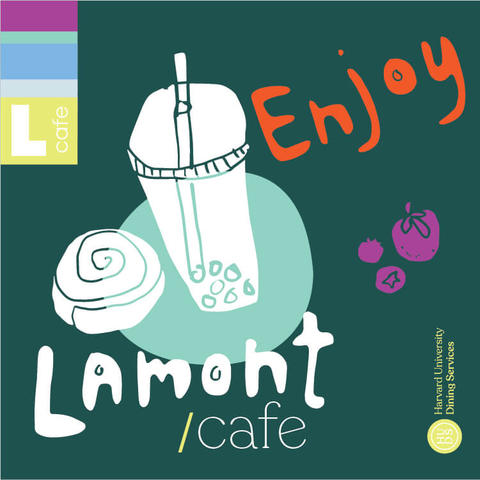 illustration of cafe name, bubble tea and cinnamon roll